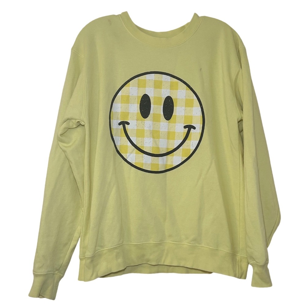 Living Fully Co Mallory Ervin Yellow Gingham Smiley Face Happy Sweatshirt S